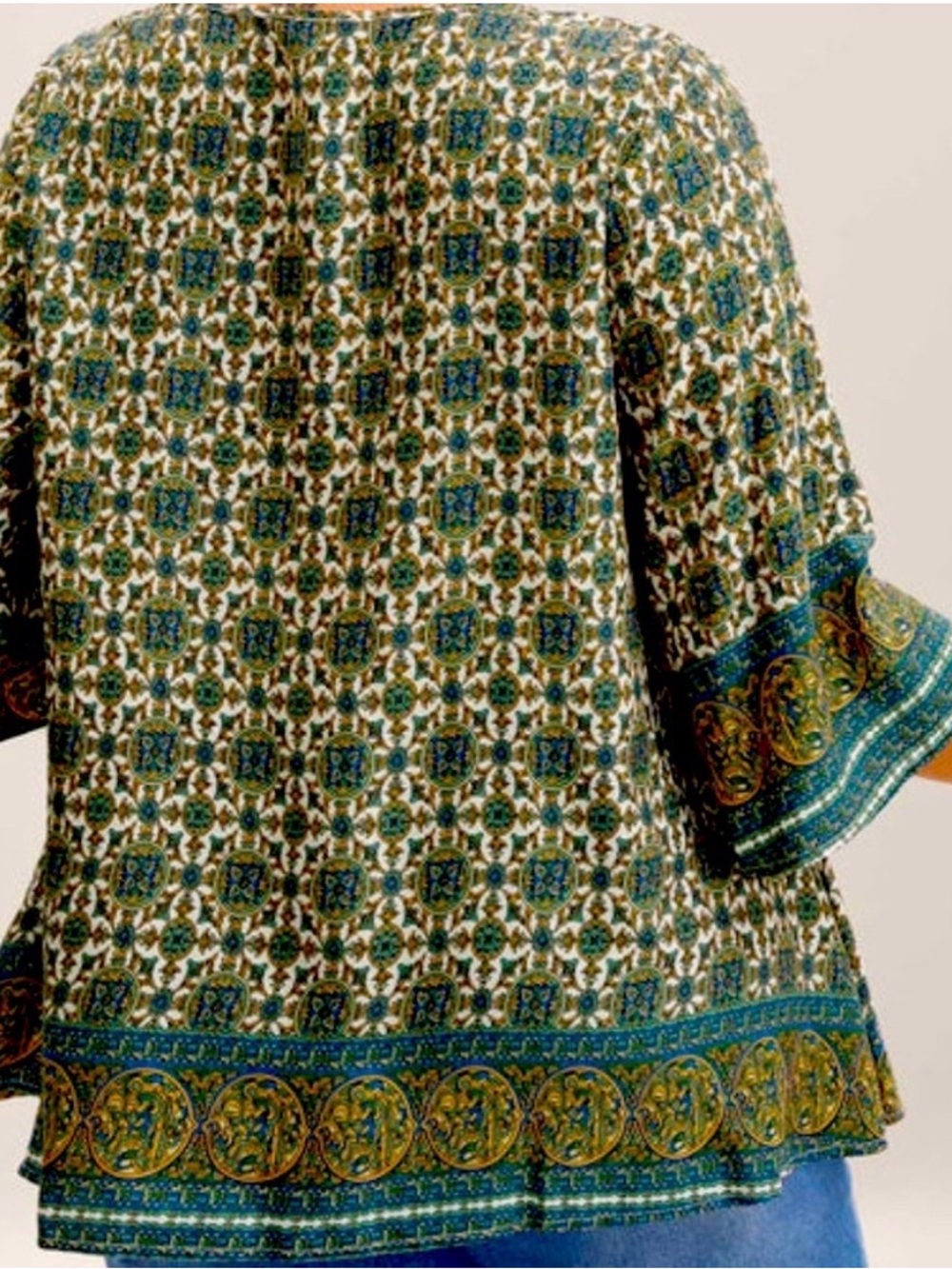 BloomChic Boho Printed V-Neck Peasant Top in Teal & Olive 3X - Picture 2 of 6